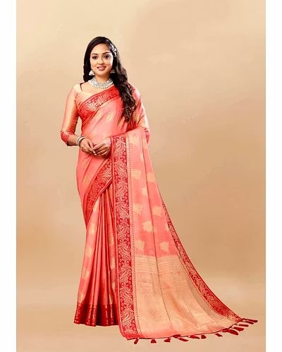 Soft Cotton Saree with Rich Zari Weaving Pallu, Contrast Border, and Silk Blouse Piece-RMNX-304-Peach