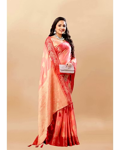 Soft Cotton Saree with Rich Zari Weaving Pallu, Contrast Border, and Silk Blouse Piece-Peach-1