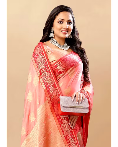 Soft Cotton Saree with Rich Zari Weaving Pallu, Contrast Border, and Silk Blouse Piece-Peach-3