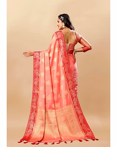 Soft Cotton Saree with Rich Zari Weaving Pallu, Contrast Border, and Silk Blouse Piece-Peach-4