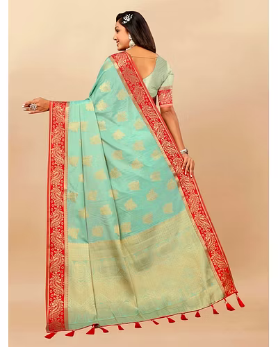 Soft Cotton Saree with Rich Zari Weaving Pallu, Contrast Border, and Silk Blouse Piece-Rama-4
