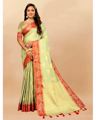 Soft Cotton Saree with Rich Zari Weaving Pallu, Contrast Border, and Silk Blouse Piece-RMNX-304-Pista