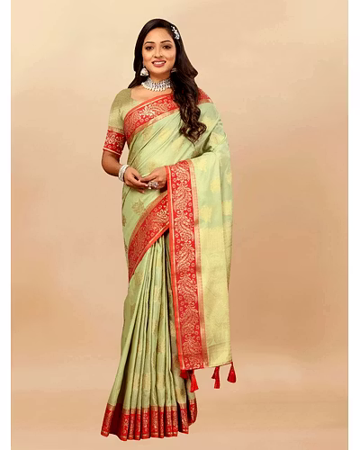 Soft Cotton Saree with Rich Zari Weaving Pallu, Contrast Border, and Silk Blouse Piece-Pista-1