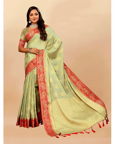 Soft Cotton Saree with Rich Zari Weaving Pallu, Contrast Border, and Silk Blouse Piece-Pista-2