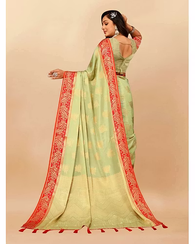 Soft Cotton Saree with Rich Zari Weaving Pallu, Contrast Border, and Silk Blouse Piece-Pista-4