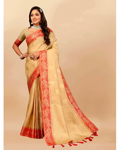 Soft Cotton Saree with Rich Zari Weaving Pallu, Contrast Border, and Silk Blouse Piece-RMNX-304-Beige