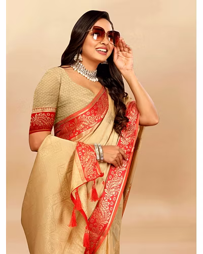 Soft Cotton Saree with Rich Zari Weaving Pallu, Contrast Border, and Silk Blouse Piece-Beige-1