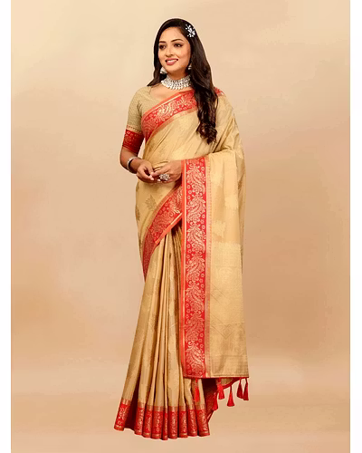 Soft Cotton Saree with Rich Zari Weaving Pallu, Contrast Border, and Silk Blouse Piece-Beige-2