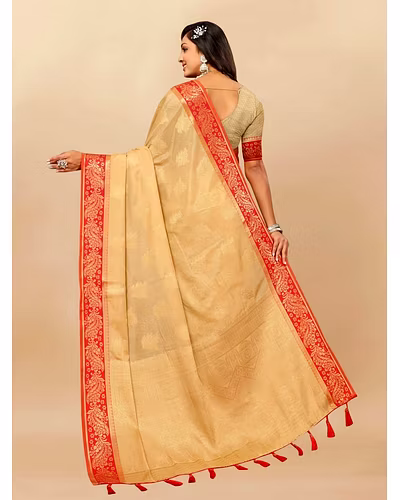 Soft Cotton Saree with Rich Zari Weaving Pallu, Contrast Border, and Silk Blouse Piece-Beige-3