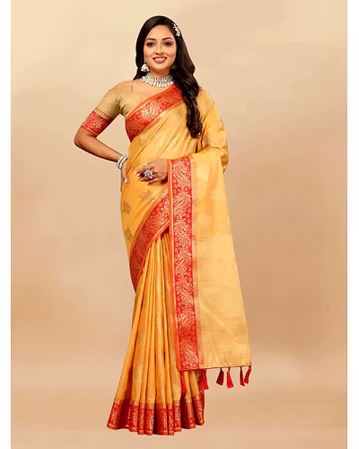 Soft Cotton Saree with Rich Zari Weaving Pallu, Contrast Border, and Silk Blouse Piece-RMNX-304-Yellow