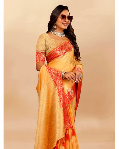 Soft Cotton Saree with Rich Zari Weaving Pallu, Contrast Border, and Silk Blouse Piece-Yellow-1