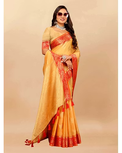 Soft Cotton Saree with Rich Zari Weaving Pallu, Contrast Border, and Silk Blouse Piece-Yellow-2