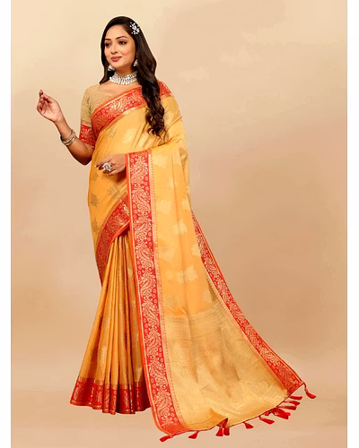Soft Cotton Saree with Rich Zari Weaving Pallu, Contrast Border, and Silk Blouse Piece-Yellow-3