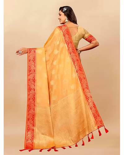 Soft Cotton Saree with Rich Zari Weaving Pallu, Contrast Border, and Silk Blouse Piece-Yellow-4