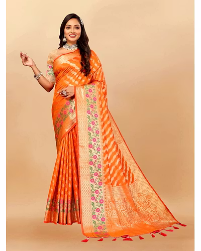 Soft Silk Saree with Gold Zari Lehriya, Rich Meenakari Weaving &amp; Tassel Pallu, Silk Blouse-RMNX-305-Orange