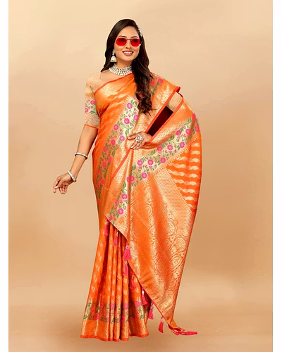 Soft Silk Saree with Gold Zari Lehriya, Rich Meenakari Weaving &amp; Tassel Pallu, Silk Blouse-Orange-1