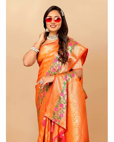 Soft Silk Saree with Gold Zari Lehriya, Rich Meenakari Weaving &amp; Tassel Pallu, Silk Blouse-Orange-2
