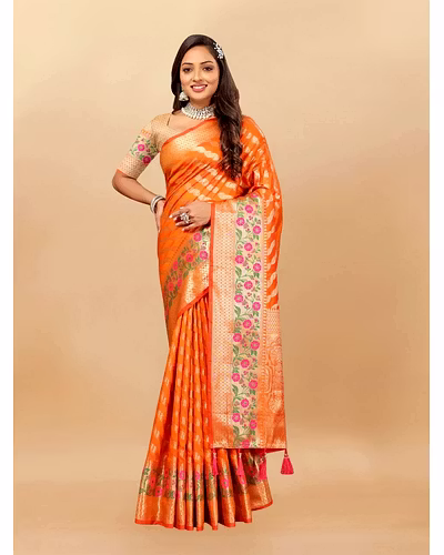 Soft Silk Saree with Gold Zari Lehriya, Rich Meenakari Weaving &amp; Tassel Pallu, Silk Blouse-Orange-3