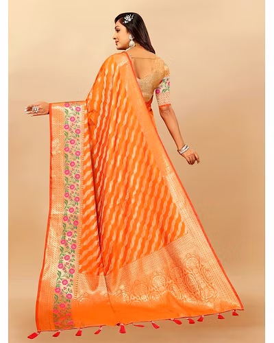 Soft Silk Saree with Gold Zari Lehriya, Rich Meenakari Weaving &amp; Tassel Pallu, Silk Blouse-Orange-4