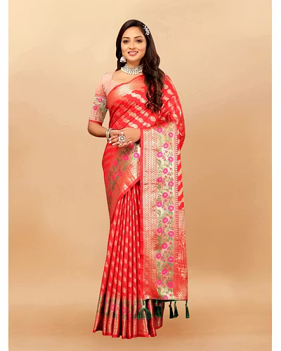 Soft Silk Saree with Gold Zari Lehriya, Rich Meenakari Weaving &amp; Tassel Pallu, Silk Blouse-RMNX-305-Red