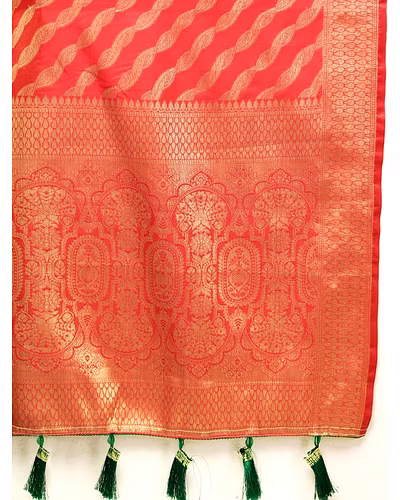 Soft Silk Saree with Gold Zari Lehriya, Rich Meenakari Weaving &amp; Tassel Pallu, Silk Blouse-Red-4