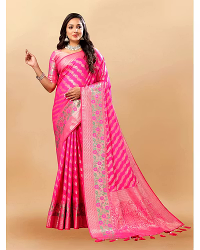 Soft Silk Saree with Gold Zari Lehriya, Rich Meenakari Weaving &amp; Tassel Pallu, Silk Blouse-RMNX-305-Pink
