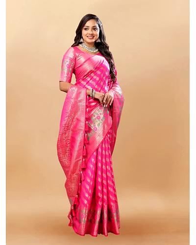 Soft Silk Saree with Gold Zari Lehriya, Rich Meenakari Weaving &amp; Tassel Pallu, Silk Blouse-Pink-1