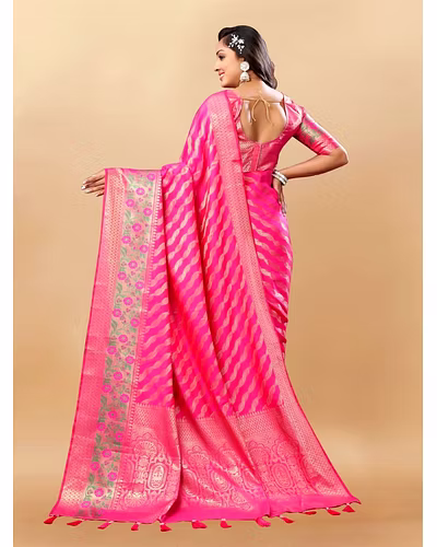 Soft Silk Saree with Gold Zari Lehriya, Rich Meenakari Weaving &amp; Tassel Pallu, Silk Blouse-Pink-3