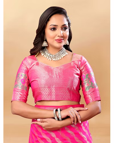 Soft Silk Saree with Gold Zari Lehriya, Rich Meenakari Weaving &amp; Tassel Pallu, Silk Blouse-Pink-5