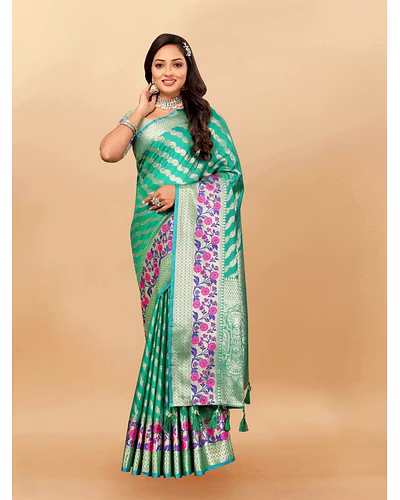 Soft Silk Saree with Gold Zari Lehriya, Rich Meenakari Weaving &amp; Tassel Pallu, Silk Blouse-RMNX-305-Rama