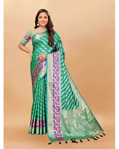 Soft Silk Saree with Gold Zari Lehriya, Rich Meenakari Weaving &amp; Tassel Pallu, Silk Blouse-Rama-1