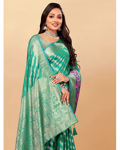 Soft Silk Saree with Gold Zari Lehriya, Rich Meenakari Weaving &amp; Tassel Pallu, Silk Blouse-Rama-2