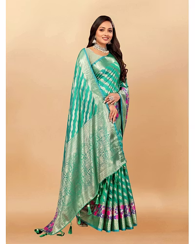 Soft Silk Saree with Gold Zari Lehriya, Rich Meenakari Weaving &amp; Tassel Pallu, Silk Blouse-Rama-3