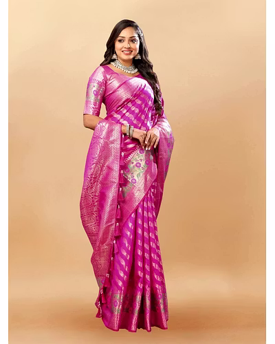 Soft Silk Saree with Gold Zari Lehriya, Rich Meenakari Weaving &amp; Tassel Pallu, Silk Blouse-Rani-1