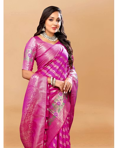 Soft Silk Saree with Gold Zari Lehriya, Rich Meenakari Weaving &amp; Tassel Pallu, Silk Blouse-Rani-2