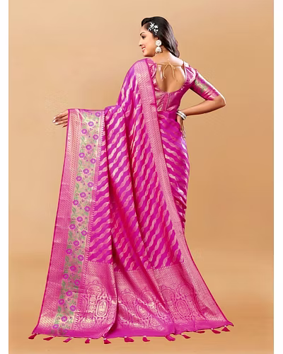 Soft Silk Saree with Gold Zari Lehriya, Rich Meenakari Weaving &amp; Tassel Pallu, Silk Blouse-Rani-3