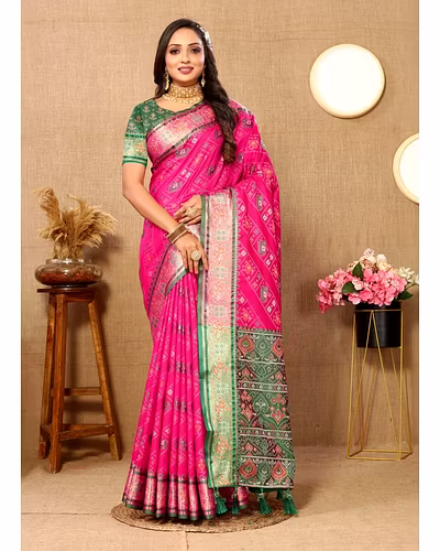 Soft Patola Silk Saree with Meenakari Zari Motifs, Rich Pallu, and Silk Blouse Piece-RMNX-310-Pink