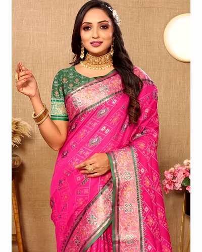 Soft Patola Silk Saree with Meenakari Zari Motifs, Rich Pallu, and Silk Blouse Piece-Pink-2