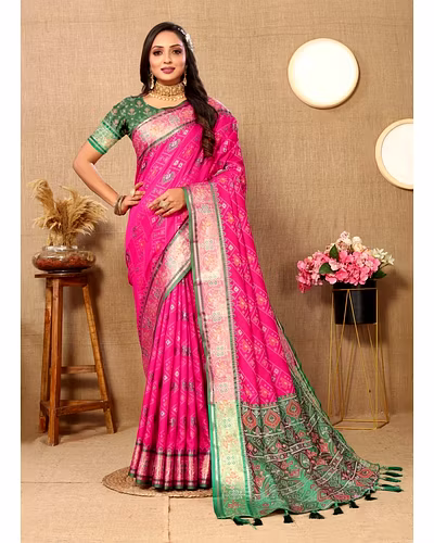 Soft Patola Silk Saree with Meenakari Zari Motifs, Rich Pallu, and Silk Blouse Piece-Pink-3