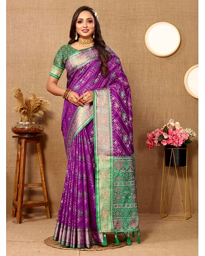 Soft Patola Silk Saree with Meenakari Zari Motifs, Rich Pallu, and Silk Blouse Piece-RMNX-310-Purple