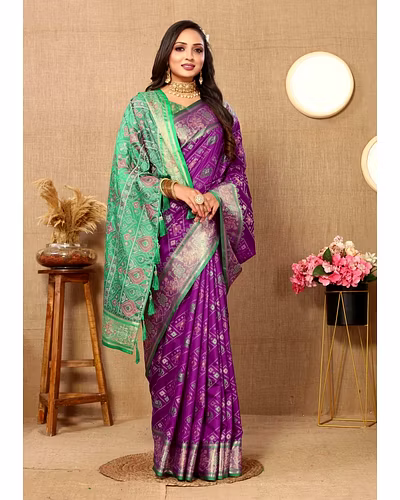 Soft Patola Silk Saree with Meenakari Zari Motifs, Rich Pallu, and Silk Blouse Piece-Purple-1