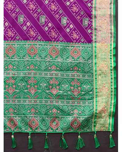 Soft Patola Silk Saree with Meenakari Zari Motifs, Rich Pallu, and Silk Blouse Piece-Purple-4