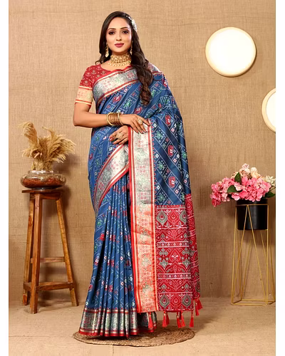 Soft Patola Silk Saree with Meenakari Zari Motifs, Rich Pallu, and Silk Blouse Piece-RMNX-310-PecockBlue
