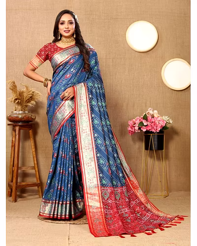 Soft Patola Silk Saree with Meenakari Zari Motifs, Rich Pallu, and Silk Blouse Piece-Pecock Blue-1