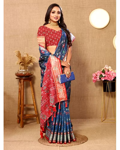 Soft Patola Silk Saree with Meenakari Zari Motifs, Rich Pallu, and Silk Blouse Piece-Pecock Blue-2