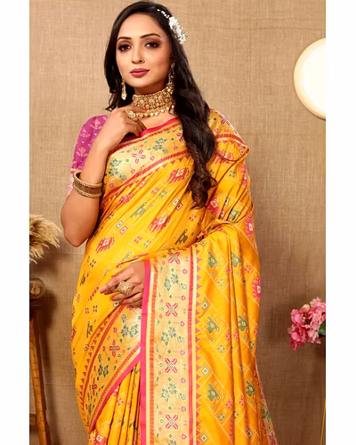 Soft Patola Silk Saree with Meenakari Zari Motifs, Rich Pallu, and Silk Blouse Piece-Yellow-1