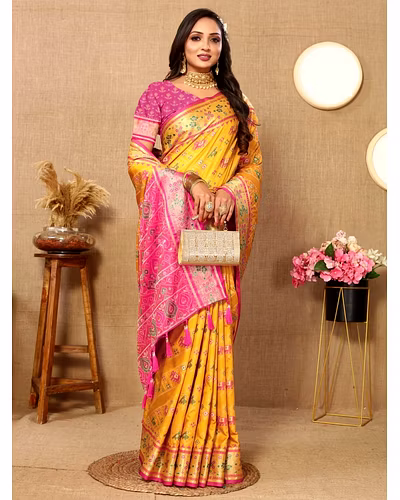 Soft Patola Silk Saree with Meenakari Zari Motifs, Rich Pallu, and Silk Blouse Piece-Yellow-2