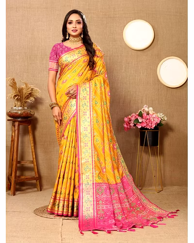 Soft Patola Silk Saree with Meenakari Zari Motifs, Rich Pallu, and Silk Blouse Piece-Yellow-3