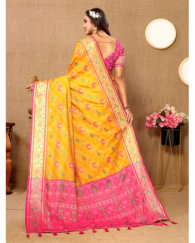 Soft Patola Silk Saree with Meenakari Zari Motifs, Rich Pallu, and Silk Blouse Piece-Yellow-4