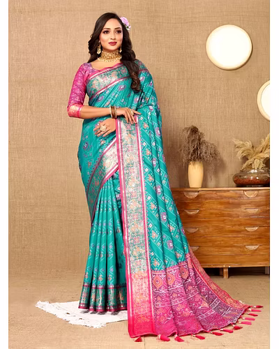 Soft Patola Silk Saree with Meenakari Zari Motifs, Rich Pallu, and Silk Blouse Piece-RMNX-310-Rama